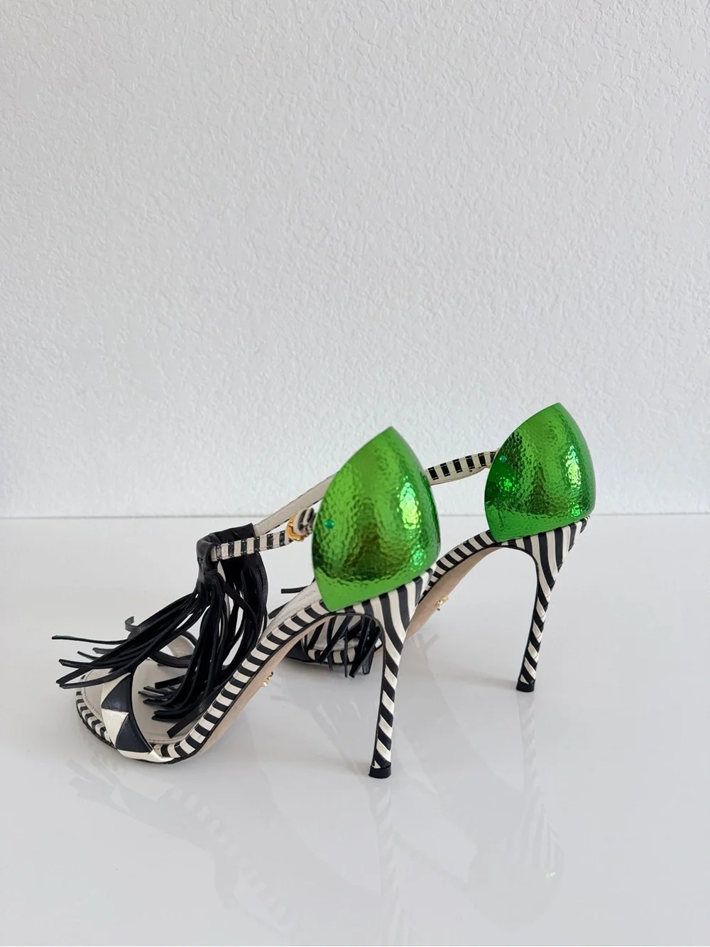 Sergio Rossi Green & Black Fringe High Heel Sandals